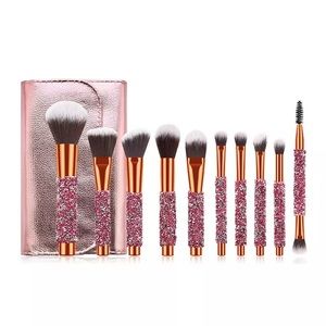 10 Pcs Red Makeup Brush Set With Leather Bag.